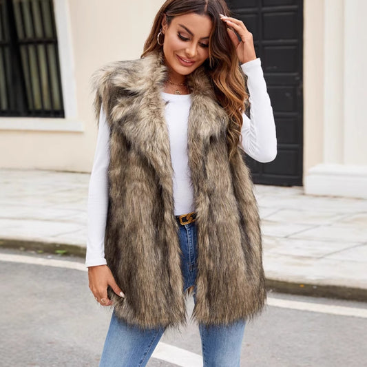 Ladies Faux Fur Suit Collar Vest Faux Fur Vest Plush Long Fur Vest - Iyanka