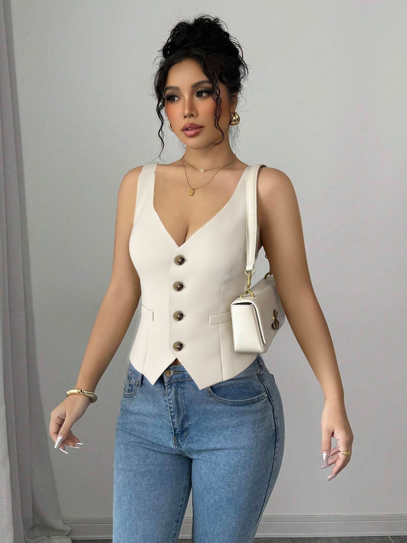 Women Clothing Single Breasted Blazers Vest Retro Sexy Short V neck Top - Iyanka