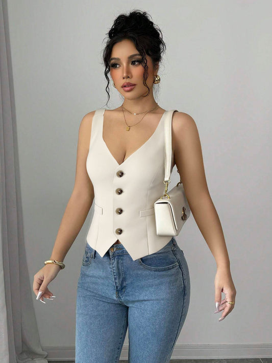 Women Clothing Single Breasted Blazers Vest Retro Sexy Short V neck Top - Iyanka