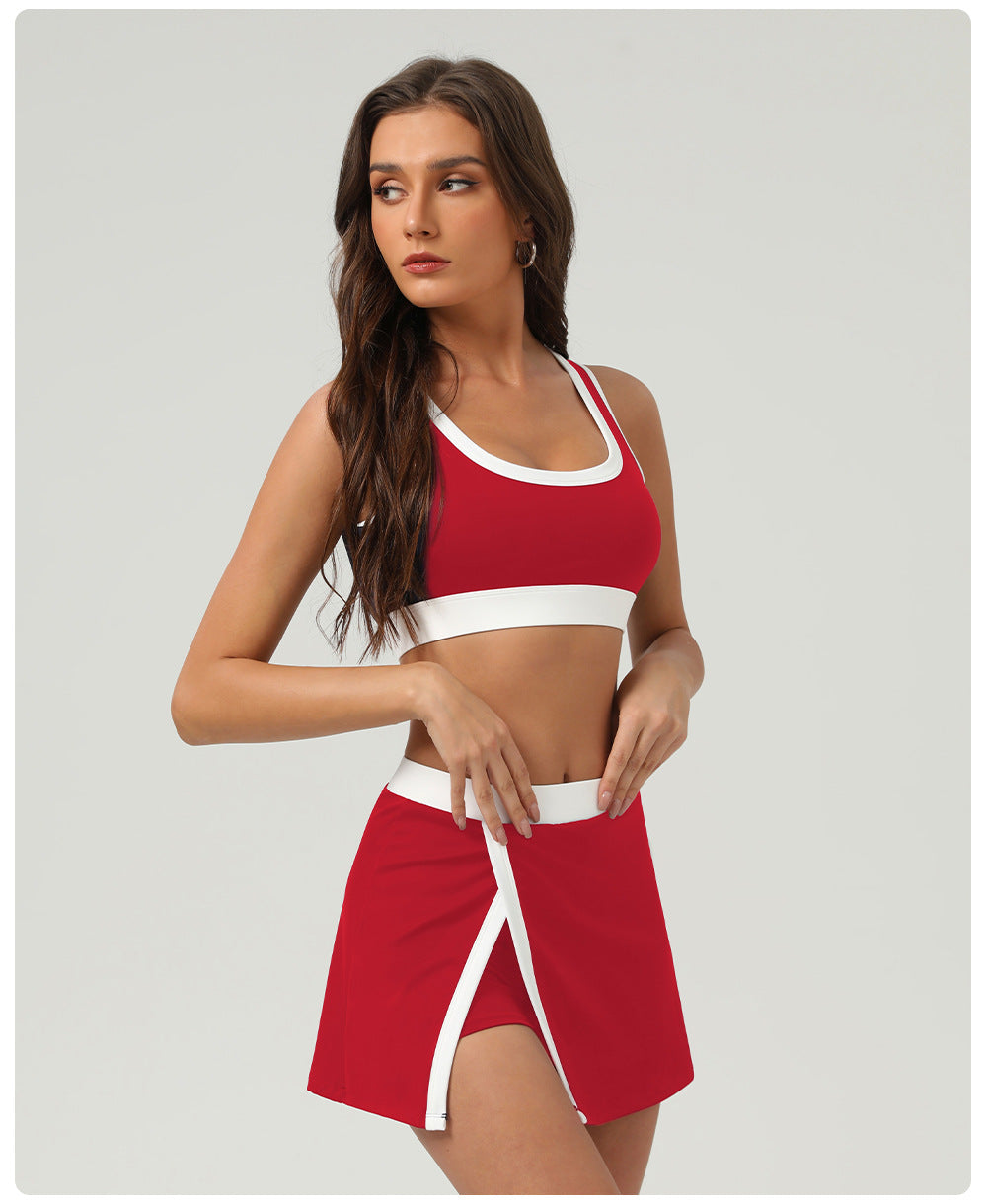 Contrast Color Sports Bra Tennis Skirt Set Women Quick Drying Anti Emptied Pantskirt Sports Set - Iyanka