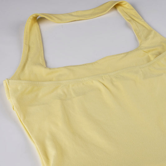 Vacation Women Clothing Solid Color Halter Waist Tight Figure Flattering Puffy Dress Sexy Square Collar A line Tiered Short Dress