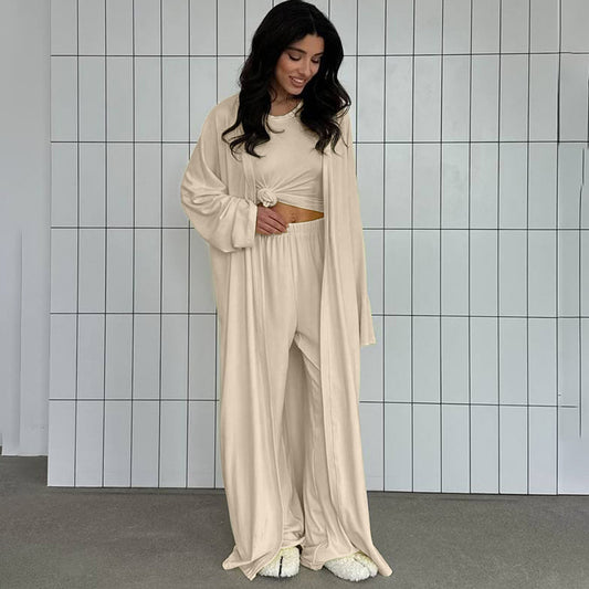 Summer Pajamas Three Piece Knitted Solid Color Top Trousers Loose Comfortable Home Wear - Iyanka