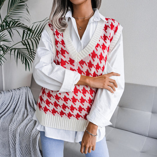 Autumn Winter V-neck Houndstooth Casual Loose Knitted Vest Sweater Waistcoat Women Clothing - Iyanka