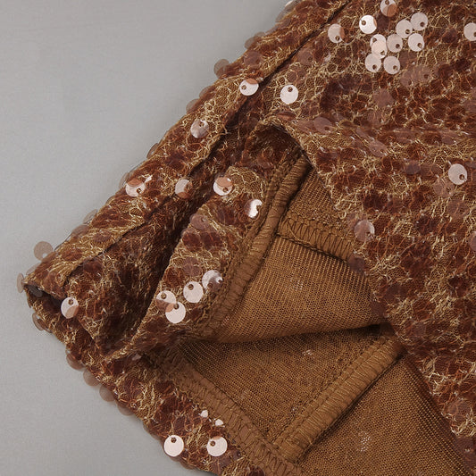 Premium Brown Sequined Evening Dress Three Dimensional Floral Ruffled Design Star Same Slim Fit Dress - Iyanka
