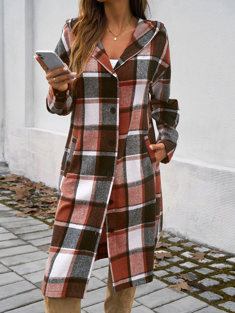 Women Autumn Winter Clothing Casual Loose Contrast Color Breasted Hooded Jacket - Iyanka
