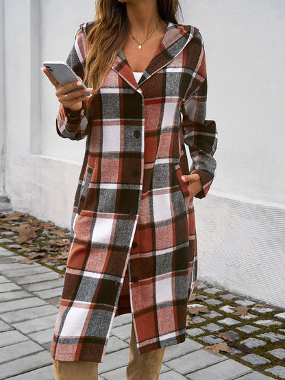 Women Autumn Winter Clothing Casual Loose Contrast Color Breasted Hooded Jacket - Iyanka