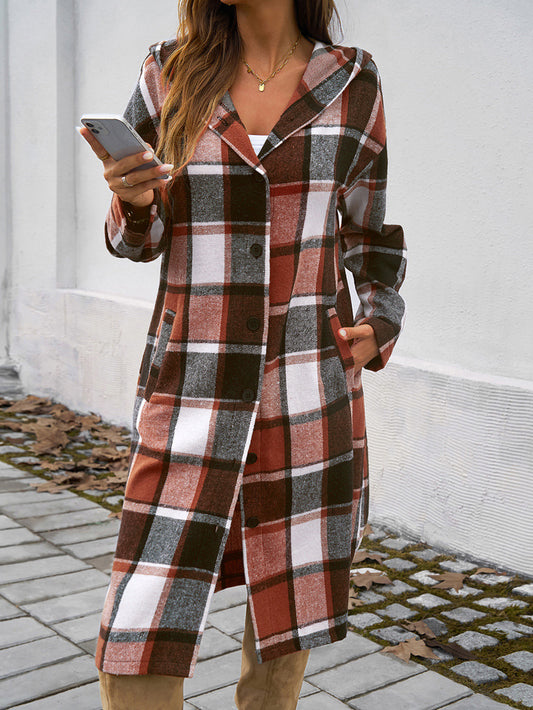 Women Autumn Winter Clothing Casual Loose Contrast Color Breasted Hooded Jacket - Iyanka