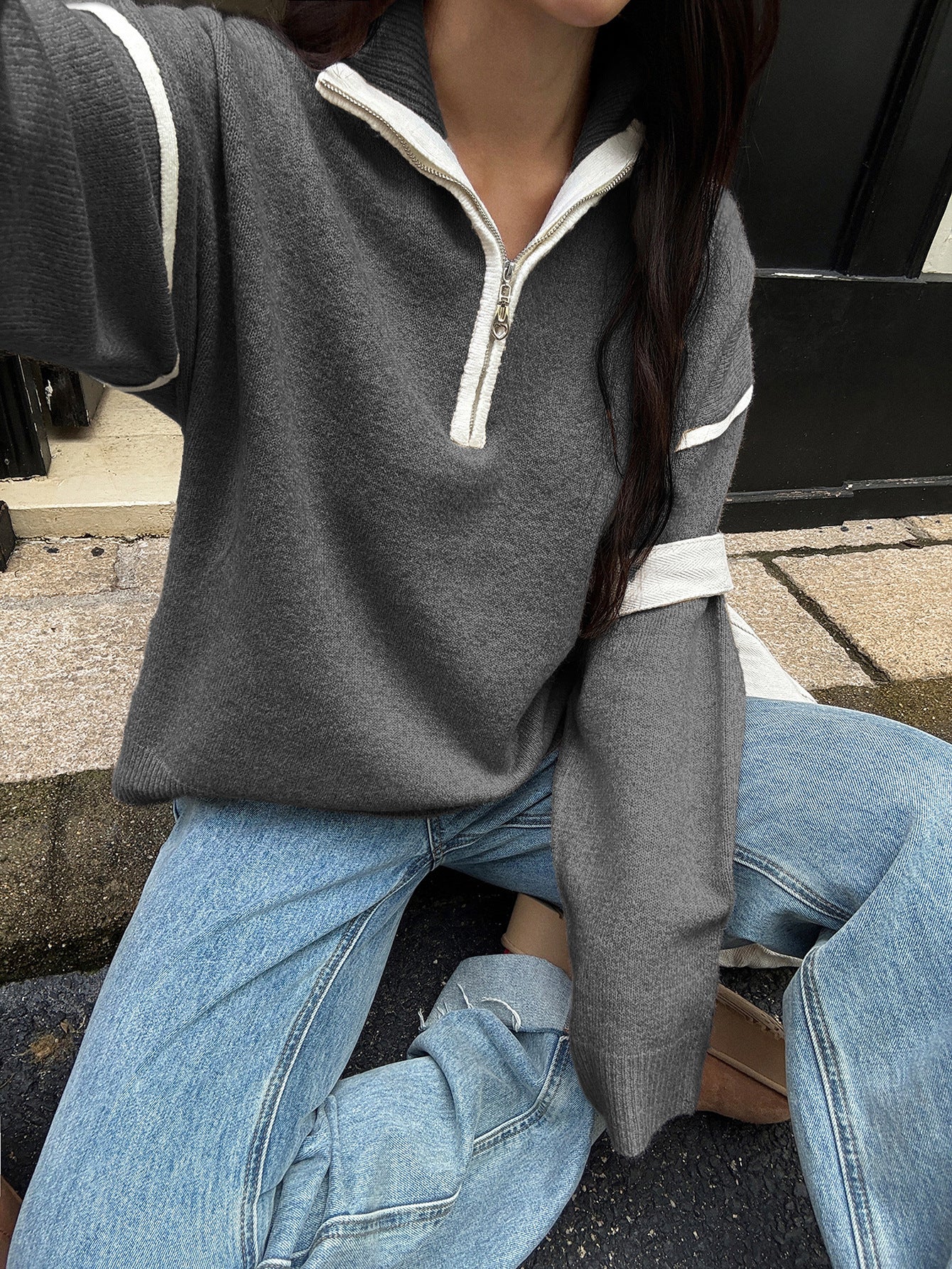 Casual Simple Solid Color Long Sleeve Zipper Sweaters Women Clothing Autumn Winter - Iyanka
