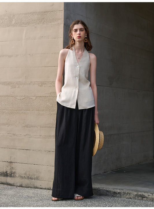 Elegance Retro V neck Halter Sling Women Tencel Linen Bare Back Lace up Sleeveless Top Linen Sexy Vest Summer - Iyanka