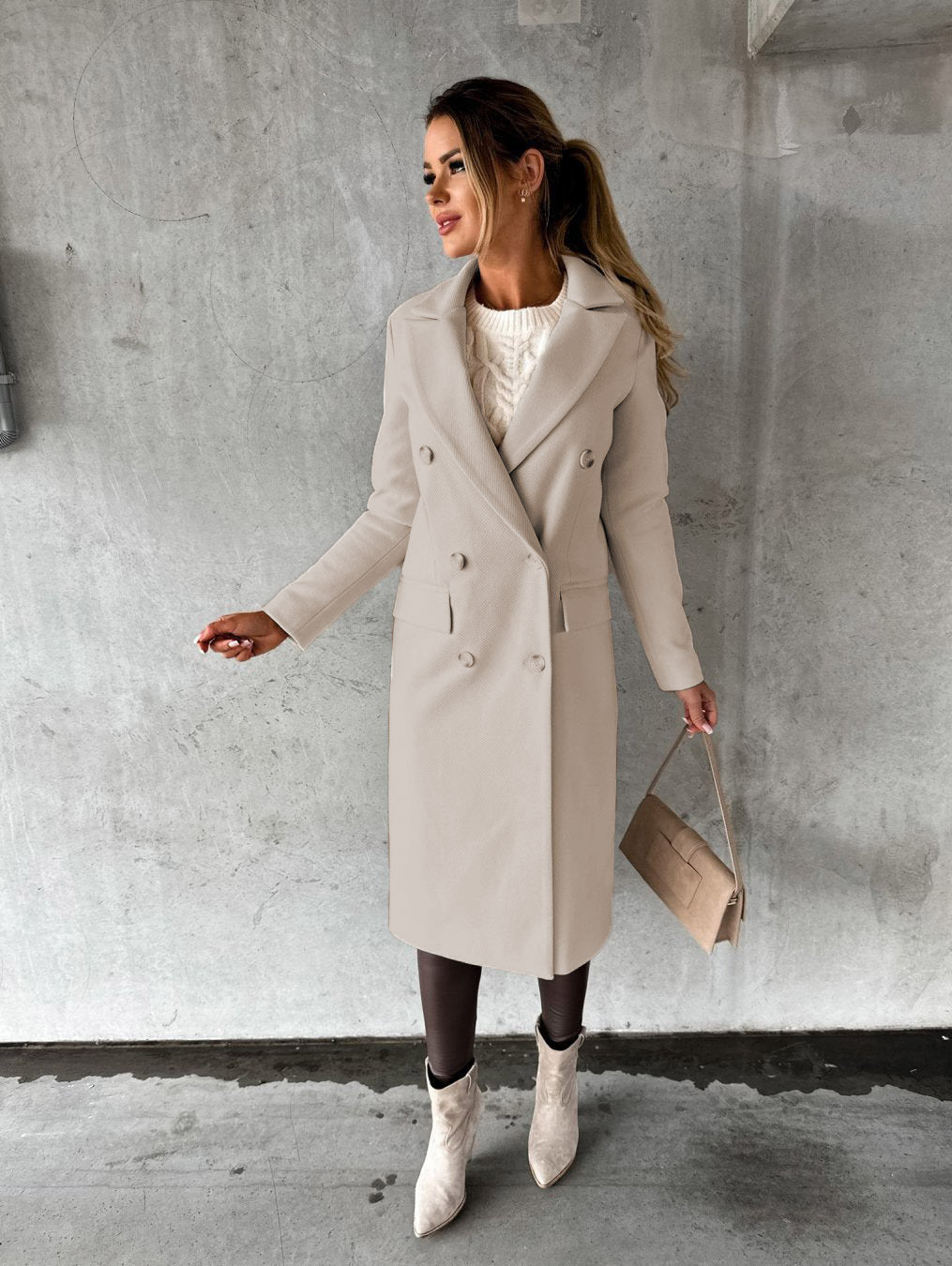 Autumn Winter Women Clothing Long Sleeve Polo Collar Solid Color Double Breasted Slim Fit Coat Overcoat - Iyanka