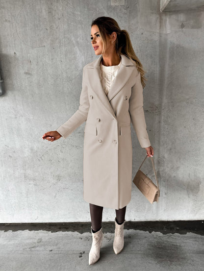 Autumn Winter Women Clothing Long Sleeve Polo Collar Solid Color Double Breasted Slim Fit Coat Overcoat - Iyanka