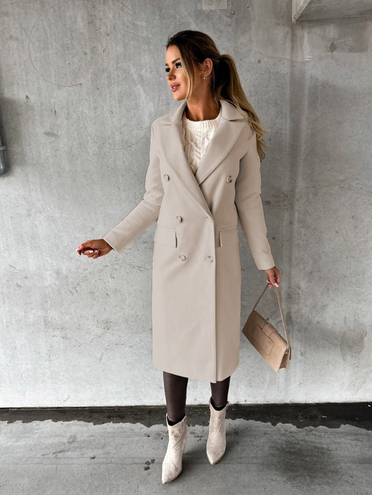 Autumn Winter Women Clothing Long Sleeve Polo Collar Solid Color Double Breasted Slim Fit Coat Overcoat - Iyanka
