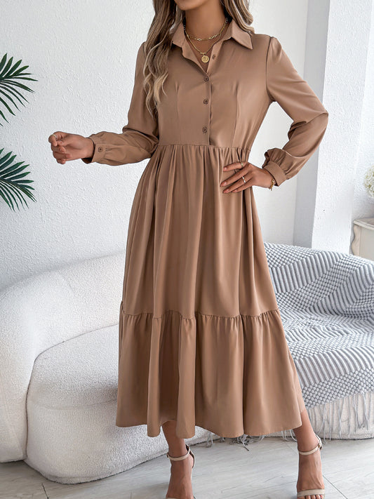 Autumn Winter Collared Casual Loose Long Sleeve Ruffled Shirt Dress Women Clothing