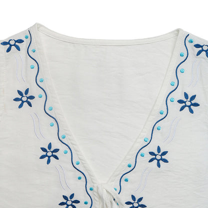 Ethnic Holiday Women Clothing Summer Casual Embroidery Cardigan Sleeveless Tank Top Shorts Two Piece Sets - Iyanka
