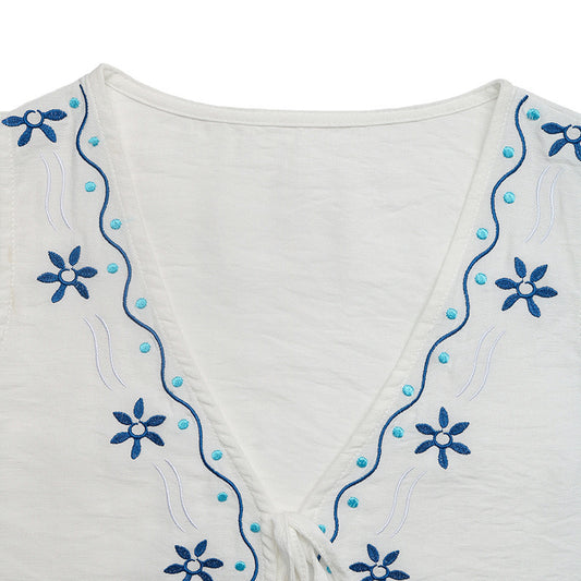 Ethnic Holiday Women Clothing Summer Casual Embroidery Cardigan Sleeveless Tank Top Shorts Two Piece Sets - Iyanka