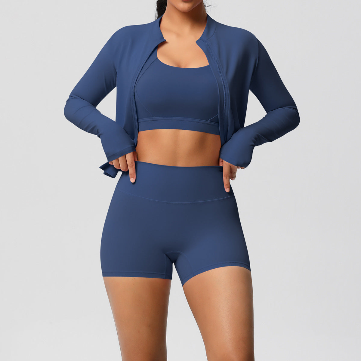 Solid Color Cloud Sense Yoga Bra Sports Coat Pilates Running Shorts Fitness Yoga Wear Three Piece Set for Women - Iyanka