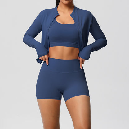 Solid Color Cloud Sense Yoga Bra Sports Coat Pilates Running Shorts Fitness Yoga Wear Three Piece Set for Women - Iyanka
