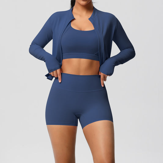Solid Color Cloud Sense Yoga Bra Sports Coat Pilates Running Shorts Fitness Yoga Wear Three Piece Set for Women - Iyanka