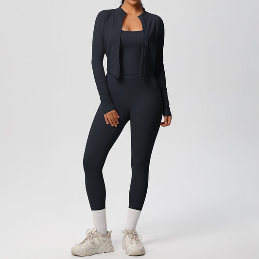 Skinny Yoga Pants High Waist Nude Feel Camisole Sports Zip Long Sleeve Coat Workout Clothes Three Piece Set - Iyanka