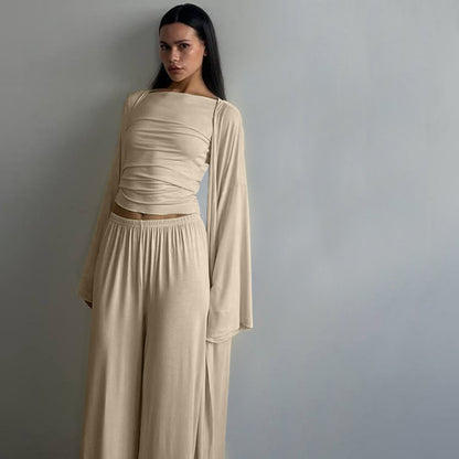Summer Pajamas Three Piece Knitted Solid Color Top Trousers Loose Comfortable Home Wear - Iyanka