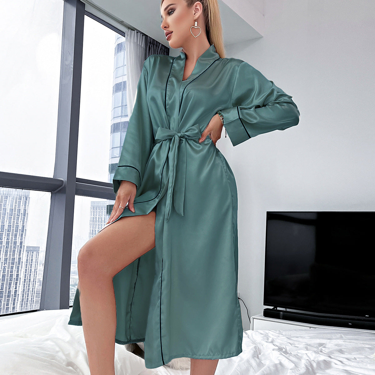 Long Ice Silk Robe Summer Thin Simple Homewear Lady Sexy Cardigan Bathrobe - Iyanka