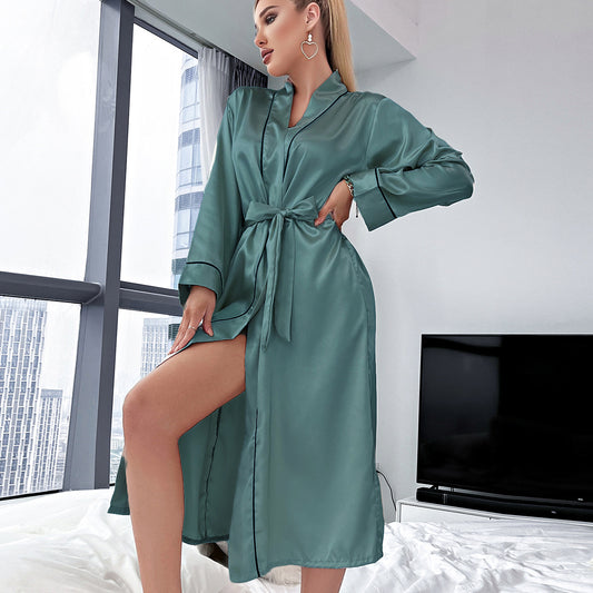 Long Ice Silk Robe Summer Thin Simple Homewear Lady Sexy Cardigan Bathrobe - Iyanka