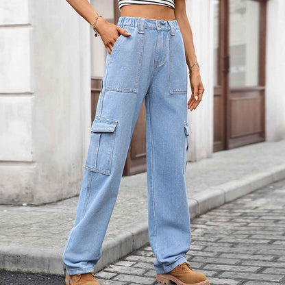 Cargo Jeans Women Autumn Winter Multi Pocket Denim Wide Leg