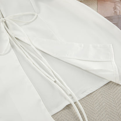Autumn White Cardigan Lace up Long Sleeve Shorts Pajamas Women Minimalist Can Be Outerwear Homewear - Iyanka