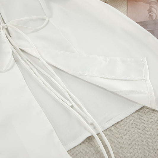 Autumn White Cardigan Lace up Long Sleeve Shorts Pajamas Women Minimalist Can Be Outerwear Homewear - Iyanka