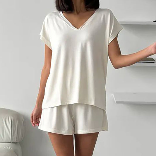 Ladies Pajamas Summer Thin Loose Comfortable Knitted Solid Color Short Sleeve Shorts Two Piece Home Wear - Iyanka