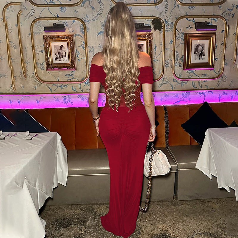 Mesh Stitching Maxi Dress Summer Sexy off Shoulder Pleated Slim Dress