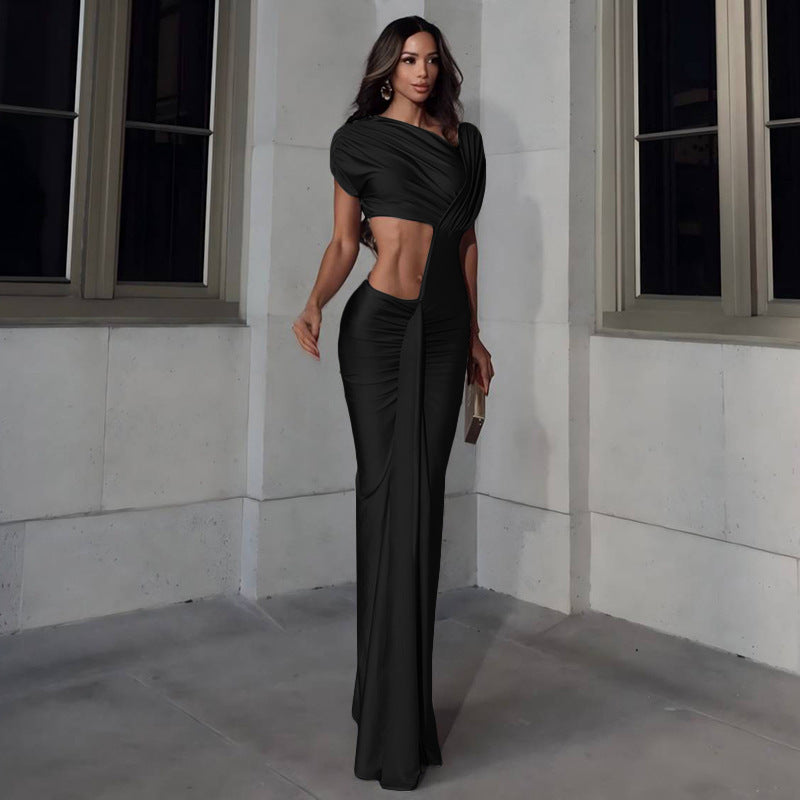 Winter Sexy Slim Fit Cropped Split Dress Solid Color Skinny Sheath Dress