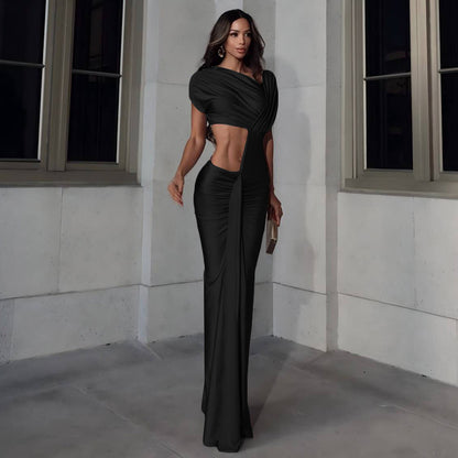 Winter Sexy Slim Fit Cropped Split Dress Solid Color Skinny Sheath Dress