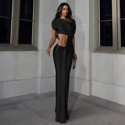 Winter Sexy Slim Fit Cropped Split Dress Solid Color Skinny Sheath Dress
