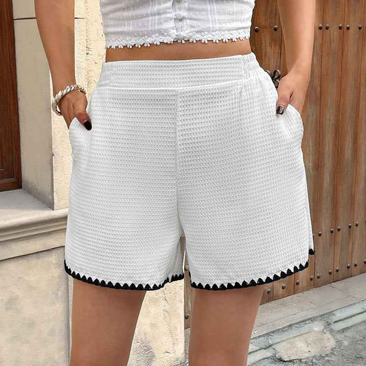 Elastic Waist Pants Women Summer Casual Office Texture Contrast Color Trim Shorts