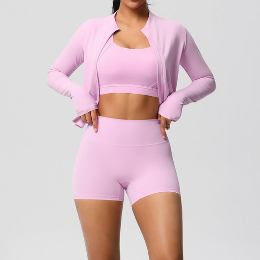 Solid Color Cloud Sense Yoga Bra Sports Coat Pilates Running Shorts Fitness Yoga Wear Three Piece Set for Women - Iyanka