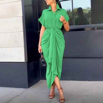 Women Clothing Dress Arrival Collared Elegant Mid Length Short Sleeve Single Breasted High Waist Shirt Dress