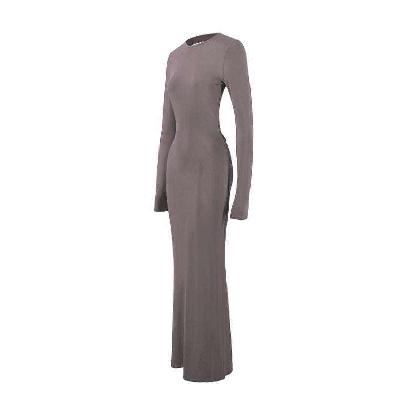 Round Neck Slim Fit Long Sleeved Sexy Backless Sheath Dress Women Clothing