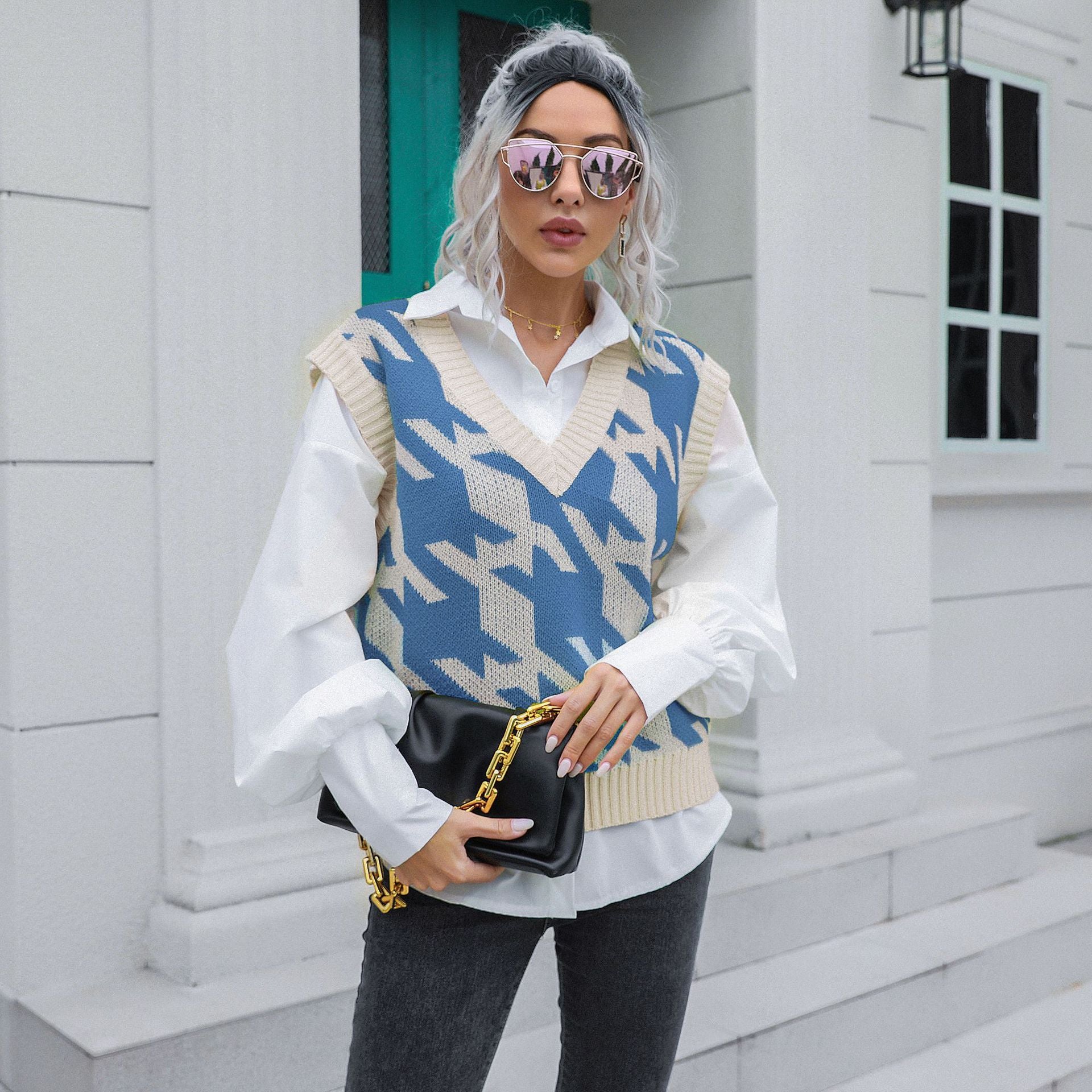 Houndstooth V-neck Vest Sweater Women Vest Outer Wear Inner Wear Autumn Winter Knitwear Sweater Boucle - Iyanka