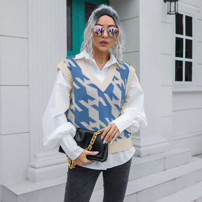 Houndstooth V-neck Vest Sweater Women Vest Outer Wear Inner Wear Autumn Winter Knitwear Sweater Boucle - Iyanka