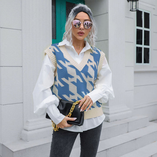 Houndstooth V-neck Vest Sweater Women Vest Outer Wear Inner Wear Autumn Winter Knitwear Sweater Boucle - Iyanka