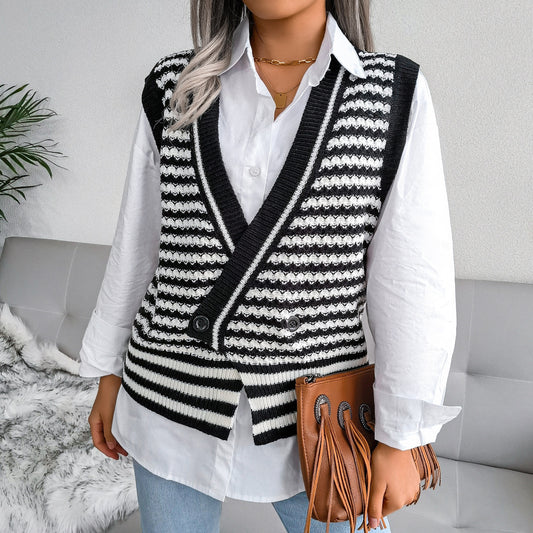 Stripe College Knitted Vest Sweater Women Clothing - Iyanka