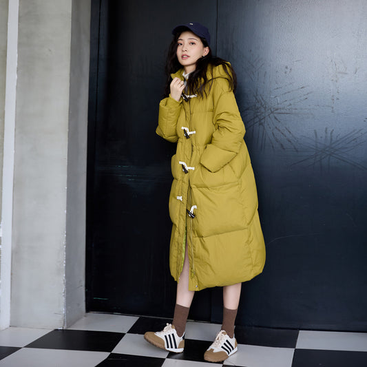 Half-High Collar Long Sleeves Bread Coat for Women Autumn Winter Thick Windproof Extended Long Coat White Duck down Hooded down Jacket - Iyanka