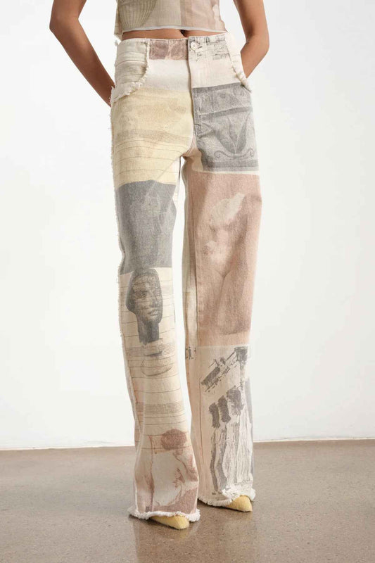Retro Loose Print Wide Leg Straight Mop Denim Trousers