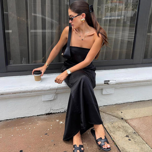 Black Sexy Tube Top Satin High Waist Loose Dress Summer Dress Women - Iyanka