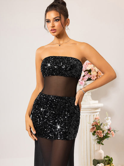 Sheer Mesh Stitching Sequin Dress - Iyanka