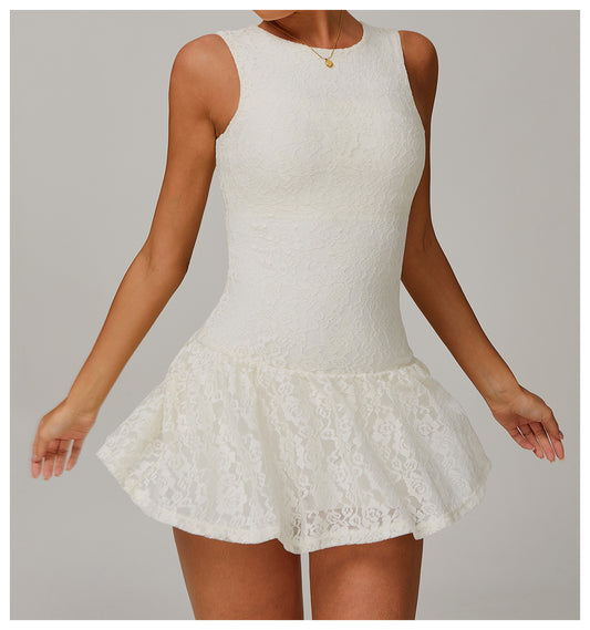 Lace Nude Feel Dress Stitching Mesh Breathable Zipper Sports Running Anti Exposure Dress - Iyanka
