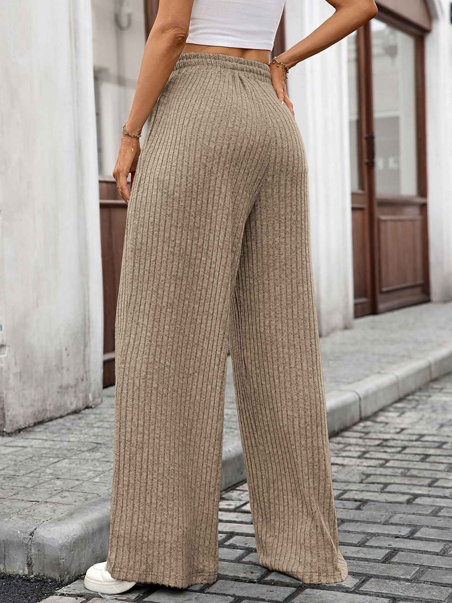 Autumn Winter Solid Color Drawstring Sunken Stripe Brushed Elastic Waist Casual Trousers