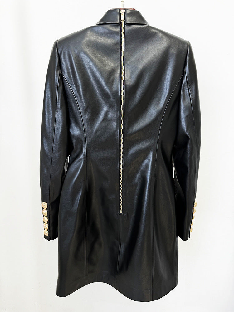 Women Slim Hip Double Breasted Faux Leather Dress - Iyanka