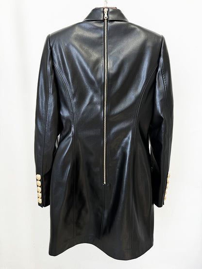 Women Slim Hip Double Breasted Faux Leather Dress - Iyanka